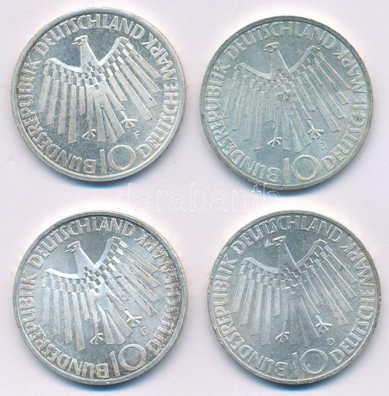 NSZK 1972. 10M Ag 'Nyári Olimpiai Játékok München / Spirál' (4xklf) 'D;F;G;J' verdejelekkel T:XF patina, ph FRG 1972. 10 Mark Ag 'Olympic Games Munich / Spiral' (4xdiff) with 'D;F;G;J' mintmarks C:XF patina, edge error Krause KM#131 - Image 2