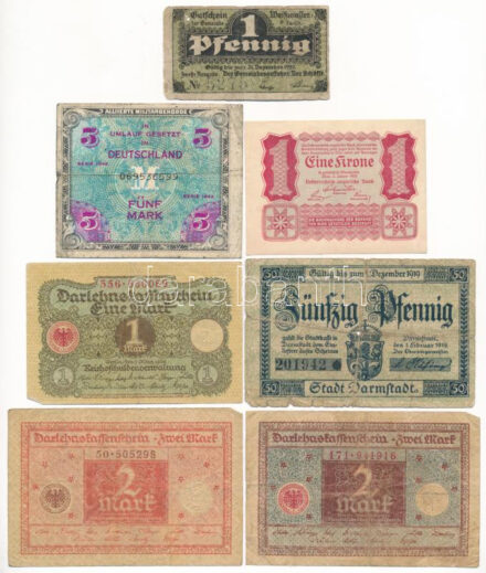 Németország 1919-1944. 7xklf bankjegy, közte Német Harmadik Birodalom / Szövetséges megszállás 1944. 5M T:F-VG Germany 1919-1944. 7xdiff banknote, German Third Reich / Allied occupation 1944. 5 Mark C:F-VG