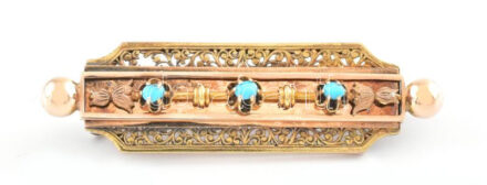 Arany (Au) 14K türkizköves bross, jelzett, 4,5×1,3 cm, bruttó: 4,9 g