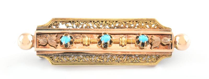 Arany (Au) 14K türkizköves bross, jelzett, 4,5×1,3 cm, bruttó: 4,9 g