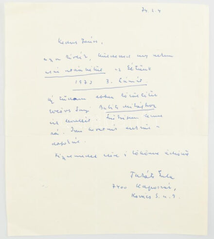 1974 Takáts Gyula (1911-2008) Kossuth-díjas költő, író, műfordító, kritikus saját kézzel írt levele Kulcsár János, az Életünk (1969-1977) folyóirat szerkesztője részére.
