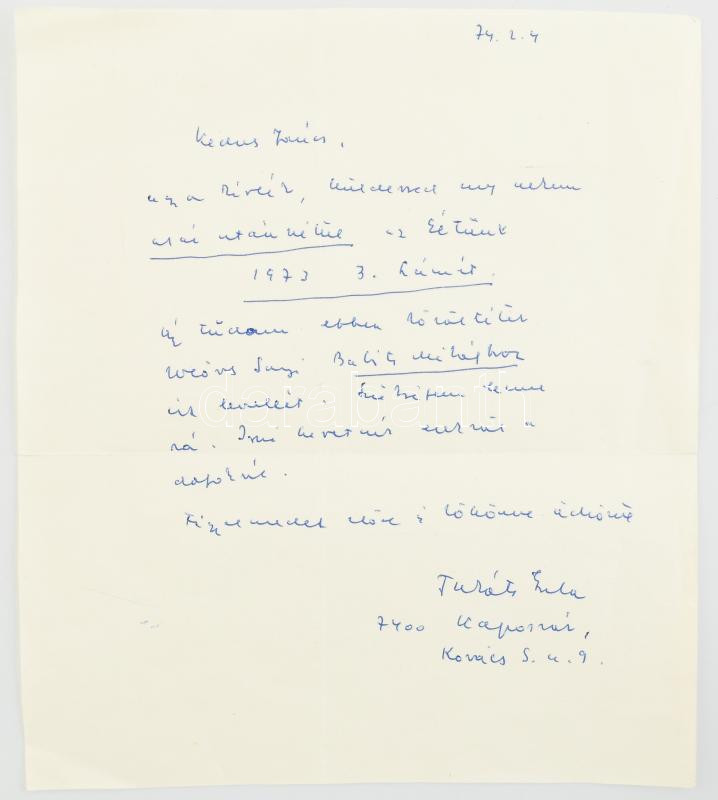 1974 Takáts Gyula (1911-2008) Kossuth-díjas költő, író, műfordító, kritikus saját kézzel írt levele Kulcsár János, az Életünk (1969-1977) folyóirat szerkesztője részére.