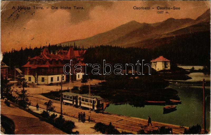 1918 Tátra, Magas-Tátra, Vysoké Tatry; Csorba-tó, villamos / Strbské Pleso / lake, tram (EB)
