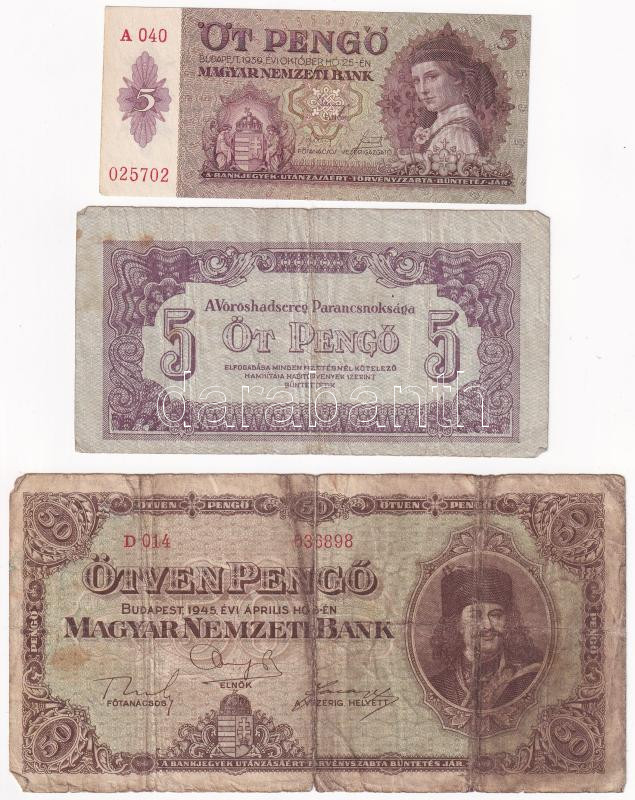1939. 5P + 1944. 5P 'A Vörös Hadsereg Parancsnoksága' + 1945. 50P T:AU-VG
