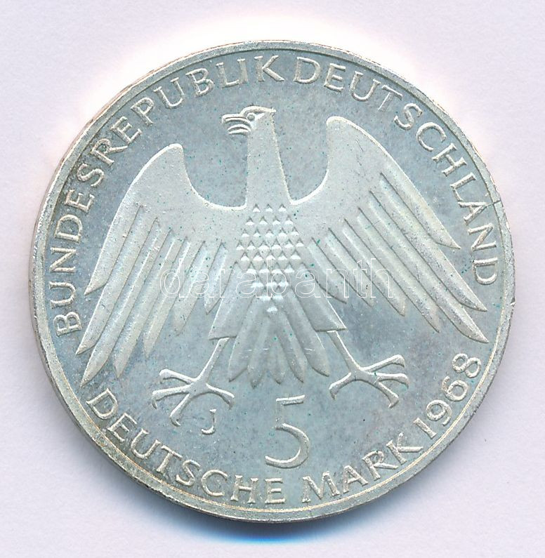 NSZK 1968J 5M Ag 'Friedrich Raiffeisen születésének 150. évfordulója' T:AU patina, kis ph FRG 1968J 5 Mark Ag '150th Anniversary of the birth of Friedrich Raiffeisen' C:AU patina, small edge error Krause KM#121 - Image 2