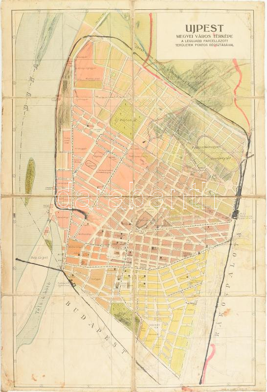 Ujpest megyei város térképe a legujabb parcellázott területek pontos beosztásával Összefirkált Vásznon 58x40 cm