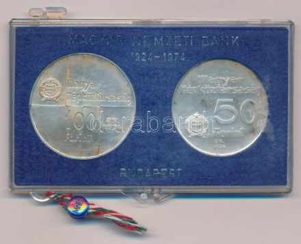 1974. 50Ft Ag '50 éves a Magyar Nemzeti Bank' + 100Ft Ag '50 éves a Magyar Nemzeti Bank' eredeti, sérült 'MNB' műanyag tokban T:BU patina Adamo EM44, EM45