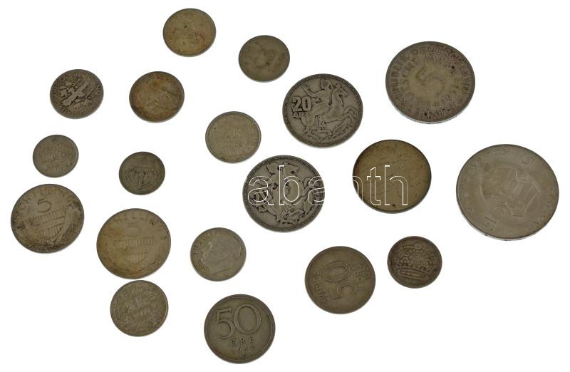 19db-os vegyes, nagyrészt külföldi Ag érmetétel, közte NSZK, Ausztria, Amerikai Egyesült Államok, Görögország, Svájc, Svédország T:XF,VF 19pcs of of mixed, mostly foreign Ag coin lot, from countries such as FRG, Austria, USA,