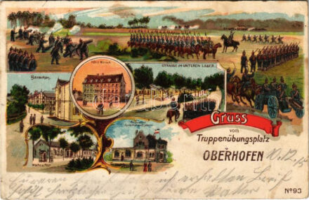 1915 Gruss vom Truppenübungsplatz Oberhofen, Hotel Hirsch, Baracken, Strasse im unteren Lager, Restaurant zum Hohenzollern / Oberhoffen-sur-Moder, német katonai gyakorlótér / German military training field in France. Art Nouveau, litho (EK)
