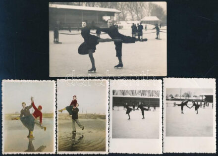1935-1940 Korcsolyázók, 8 db fotó, közte kézzel színezettek is, 8,5×6 és 8,5×13,5 cm közötti méretekben