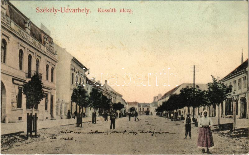1908 Székelyudvarhely, Odorheiu Secuiesc; Kossuth utca, Budapest szálloda, üzletek. Székely Dénes kiadása / street view, hotel, shops (ázott / wet damage)