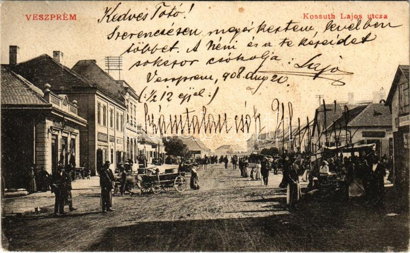 1908 Veszprém, Kossuth Lajos utca, piac, Neugebauer Ferencz üzlete (fl)