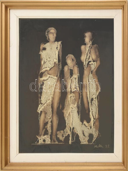 Haller József (1935-2017): A három grácia, 1992. Monotípia, papír, jelezve jobbra lent. 38,5x29 cm. Üvegezett fakeretben. / József Haller (1935-2017), Transylvanian painter: Three graces. Monotype on paper, signed lower right. 38,5x29 cm.