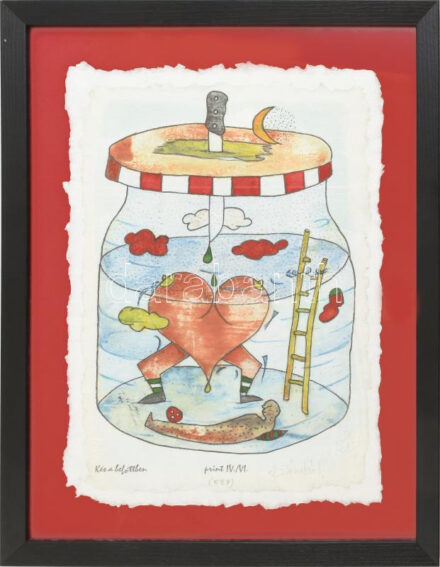 ef.Zámbó (efZámbó) István (1950-): Kés a befőttben. Egyedi beavatkozású print (Ebp), merített papír, jelzett, számozott (IV./VI.). Vincze Mill és ef.Zámbó István szárazbélyegzőivel. Üvegezett fakeretben. 37×26 cm / computer