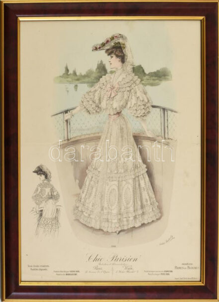 Chic Parisien (női divatkép), 1900 körül. Színes litográfia, papír, jelzés nélkül. Szép állapotban. Üvegezett műanyag keretben. 39x29 cm.