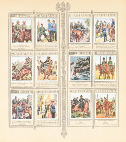 Das Reichsheer und seine Tradition. Cigarettakép gyűjtő album, 328 képpel, kompletten, a különböző korok katonai viseleteit bemutatva. Haus Neuerburg, Waldorf-Astoria kiadás. Szép állapotban / Complete book with 328 cigaretta pictures of
