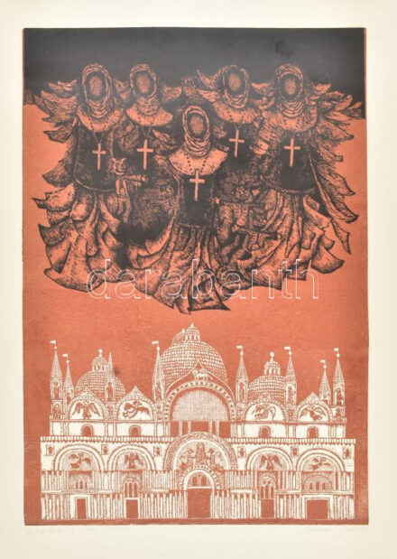 Molnár Gabriella (1940-): Apácák a San Marcon. Linómetszet, papír. Jelzett. Számozott: 25/50. Feltekerve. 50x35 cm