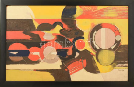 Baska József (1935-2017): Kompozíció. Olaj, farost, jelzett. Hátoldalán Képcsarnok Vállalat címkéivel. Fakeretben. 50x80 cm / oil on wood fibre, signed, framed