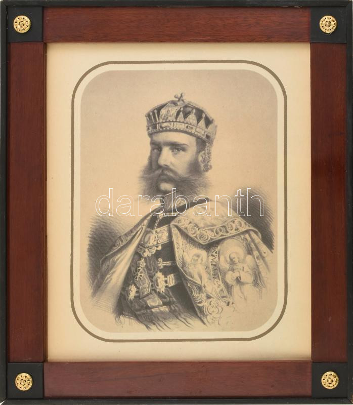 Réz sarokdíszes régi fakeret, benne Ferenc Józs3ef császár nyomattal. 24,5x20,5 cm