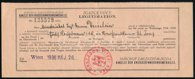 1936 Háborús emlékérem viselési igazolvány