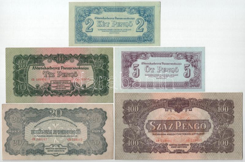 1944. 2P + 5P + 10P + 20P + 100P 'A Vöröshadsereg Parancsnoksága' T:AU-F közte szép papír, apró folt