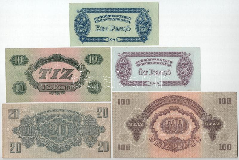 1944. 2P + 5P + 10P + 20P + 100P 'A Vöröshadsereg Parancsnoksága' T:AU-F közte szép papír, apró folt - Image 2