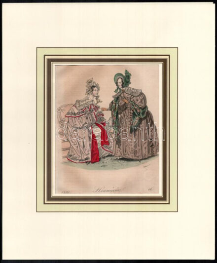 1835 színezett rézmetszetű divatkép a Honművész folyóiratból. 17x14 cm