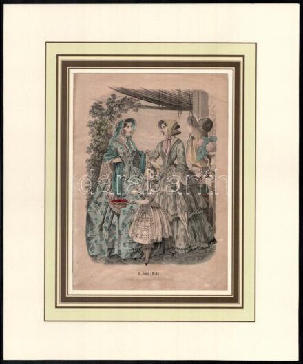 1851 színezett rézmetszetű divatkép. 21x15 cm