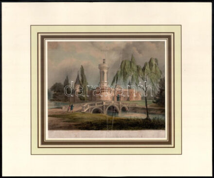 cca 1850-60 A laxenburgi Franzensburg kastély, színezett rézmetszet, 16x19 cm