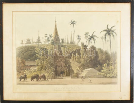 Captain James Kershaw rajza után, William Daniell (1769-1837) metszése: A nagy pagoda északi panorámája Burmában (North face of the Great Pagoda, Prome), 1831. Kézzel színezett akvatinta, papír. 29x44 cm. Üvegezett fakeretben / After the