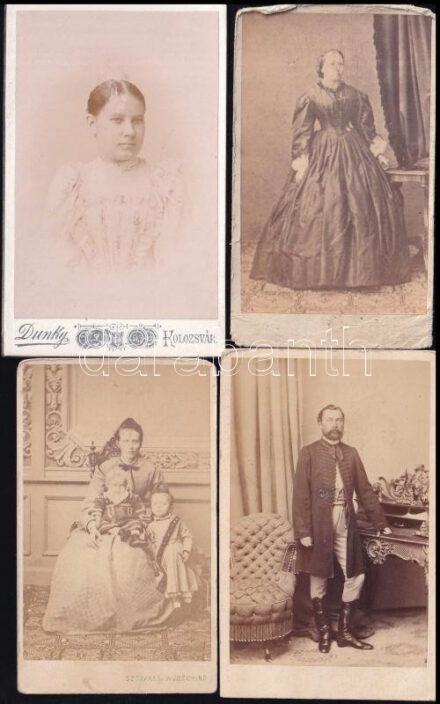 cca 1865-1875 Női portrék, 4 db keményhátú fotó vegyes állapotban, 10,5×6,5 cm