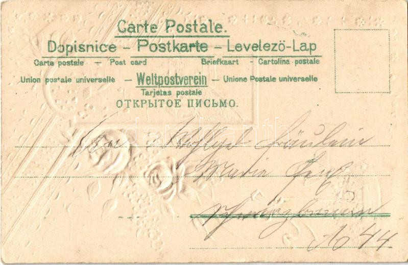 Fröhliche Pfingsten / Pünkösdi dombornyomott litho üdvözlőlap, selyemlap / Pentecost embossed floral litho greeting silk card (EK) - Image 2