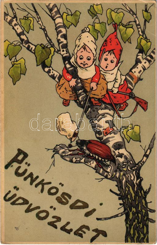 1920 Pünkösdi üdvözlet, májusi cserebogár / Pentecost greeting, cockchafer, may bug. litho (EK)
