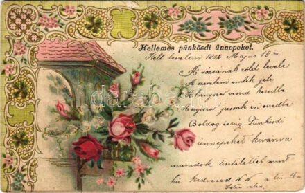1902 Kellemes Pünkösdi ünnepeket. Dombornyomott csipkehatású litho / Pentecost greeting, embossed lace-style floral litho (Rb)