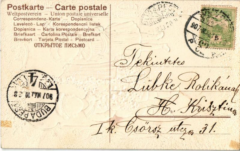 1907 Kellemes Pünkösdi ünnepeket. Dombornyomott litho / Pentecost greeting, embossed floral litho (fl) - Image 2