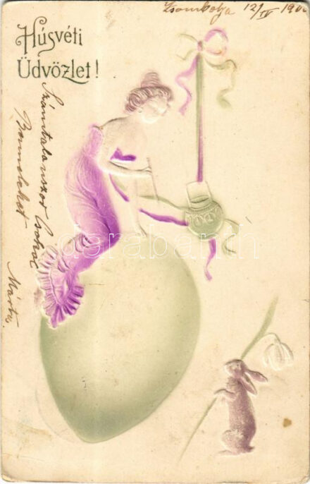 1903 Húsvéti üdvözlet, szecessziós dombornyomott hölgy tojáson, nyuszi / Easter greeting, Art Nouveau embossed, lady on egg, rabbit (EK)