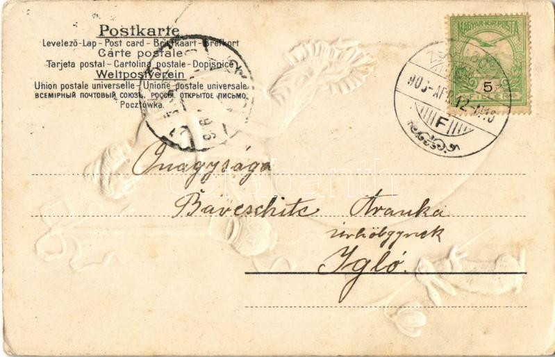 1903 Húsvéti üdvözlet, szecessziós dombornyomott hölgy tojáson, nyuszi / Easter greeting, Art Nouveau embossed, lady on egg, rabbit (EK) - Image 2