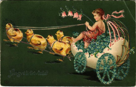 1909 Húsvéti üdvözlet, tojás szekér. Dombornyomott litho / Easter greeting, egg cart. Embossed litho (EK)