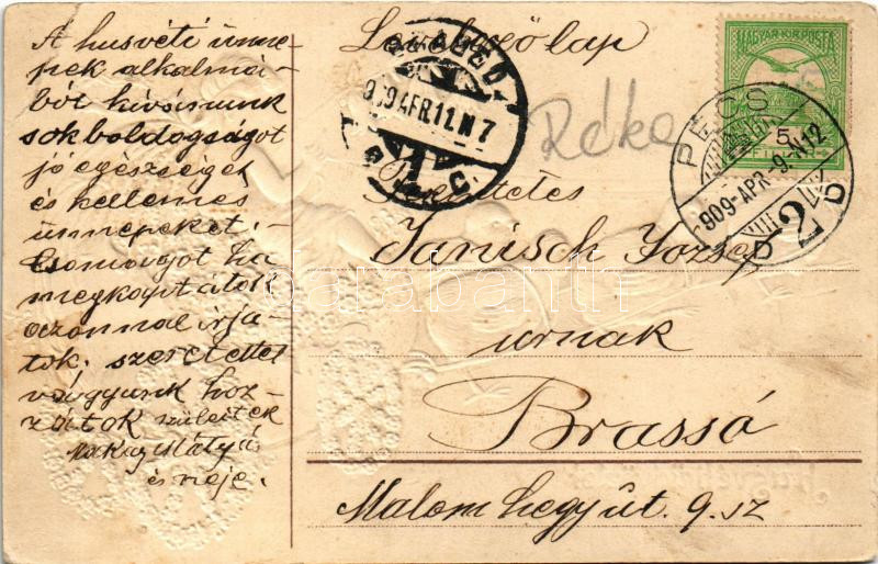 1909 Húsvéti üdvözlet, tojás szekér. Dombornyomott litho / Easter greeting, egg cart. Embossed litho (EK) - Image 2