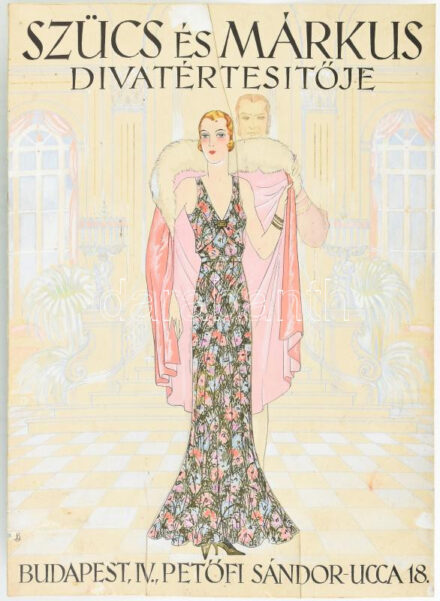 cca 1930 Pál György (1906-1986): 'Szűcs és Márkus Divatértesítője. Budapest, IV.,Petőfi Sándor-ucca 18.' Címlapterv, vegyes technika, papír, jelzett, kis sérüléssel, kis folttal, a hátoldalán törésnyommal, 24,5x18 cm