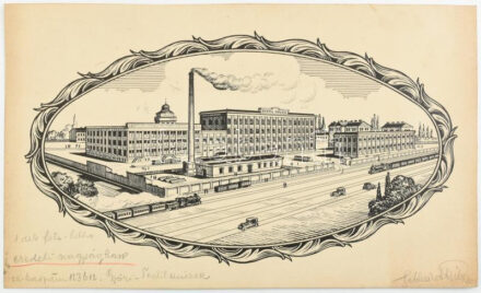 Gönczi-Gebhardt Tibor (1902-1994): Győri Textil Művek, grafika terv, 1930 körül. Tus, papír, jelzett, rajta nyomdai előkészítési bejegyzésekkel, 12,5x23 cm, papír: 15,5x25,5 cm / ink on paper, signed