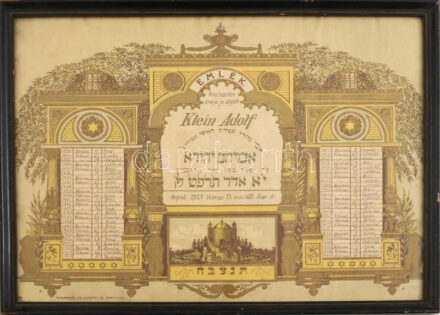 1929 'Emlék. Felejthetetlen drága jó atyám Klein Adolf. Meghalt 1929. Februar 21., azaz 5689 Adar 11.' Bp., Schlesinger Jos., illusztrált díszes oklevél, litográfia, 28,5x37 cm, üvegezett keretben: 31x40 cm