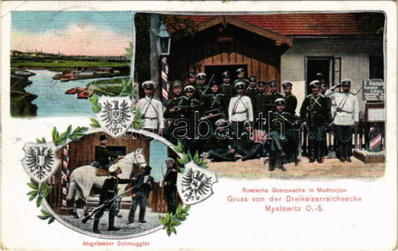 1911 Myslowice, Myslowitz O.-S.; Gruss von der Dreikaiserreichsecke, Russische Grenzwache in Modrzejow, Abgefasster Schmuggler / Német-osztrák-orosz határ, orosz határőrség katonái / German-Austro-Russian triple border, Russian border guard