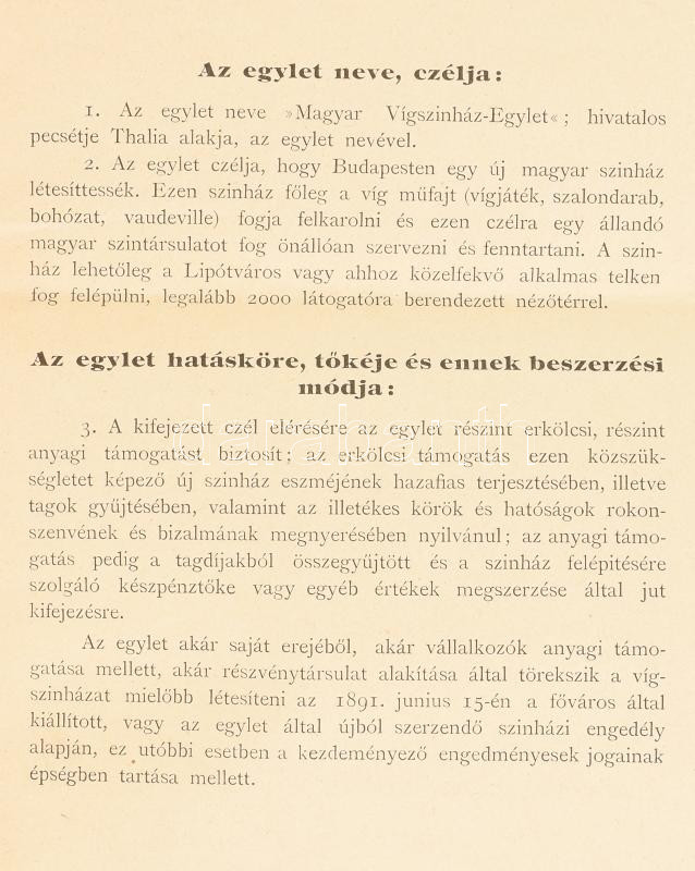 1891 A Magyar Vígszínház Egylet alapszabályai 8 p - Image 2