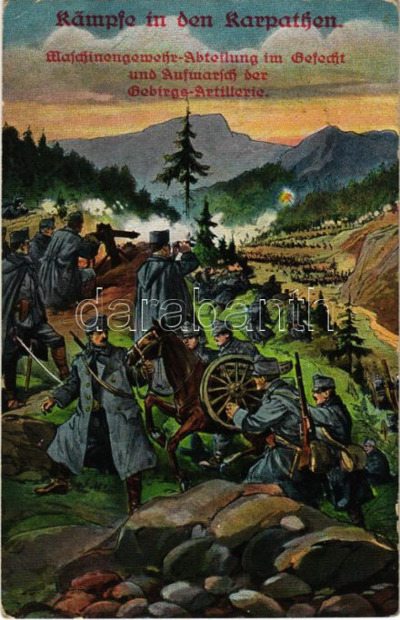 1915 Kämpfe in den Karpathen. Maschinengewehr Abteilung im Gefecht und Aufmarsch der Gebirge Artillerie. L&P 1808. (EK) + K.u.K. Kreiskommando Dabrowa Zensurstelle'