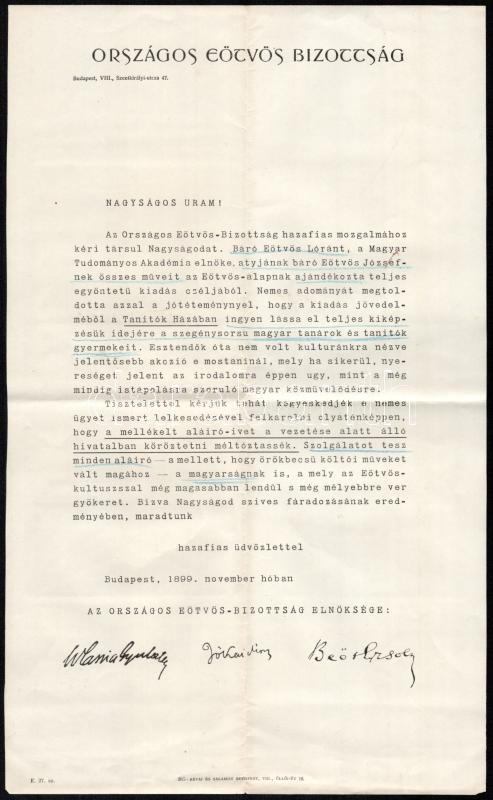 1899 Országos Eötvös Bizottság hirdetménye