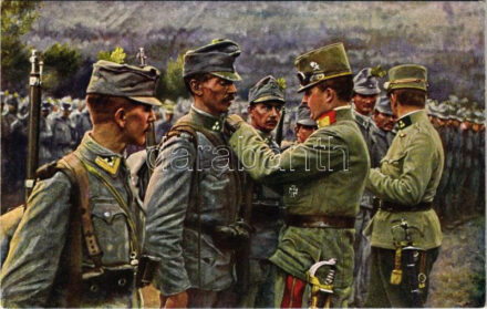 Weltkrieg 1914-1916 Dekorierung von tapferen Kaiserjägern durch unseren Thronfolger Erzherzog Karl Franz Joseph / Első világháborús osztrák-magyar katonákat tüntet ki IV. Károly / WWI K.u.K. Austro-Hungarian military, Charles I of Austria
