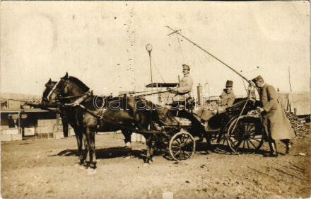 1916 Belene, Osztrák-magyar katonák lovas hintón / WWI Austro-Hungarian K.u.K. military, soldiers on horse chariot. photo (ragasztónyomok / gluemarks)