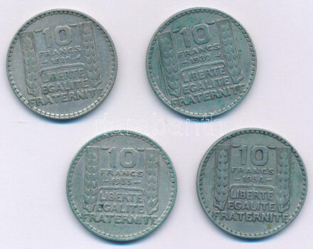 Franciaország 1929-1934. 10Fr Ag (4x) 4xklf T:XF,VF patina France 1929-1934. 10 Francs Ag (4x) 4xdiff C:XF,VF patina