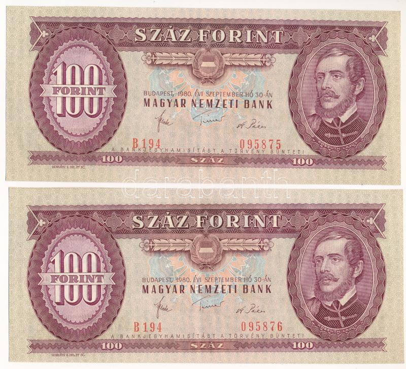 1980. 100Ft (2x) sorszámkövetők 'B 194 095875 - B 194 095876' nyomdai papírránccal T:XF Adamo F34